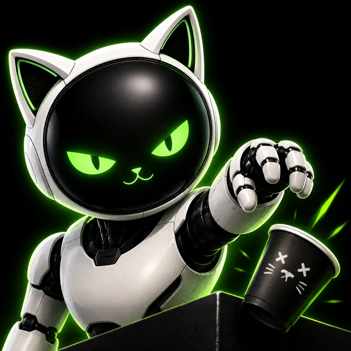 MEOWSK reaching out a robotic paw to push a cup off the edge of a table.