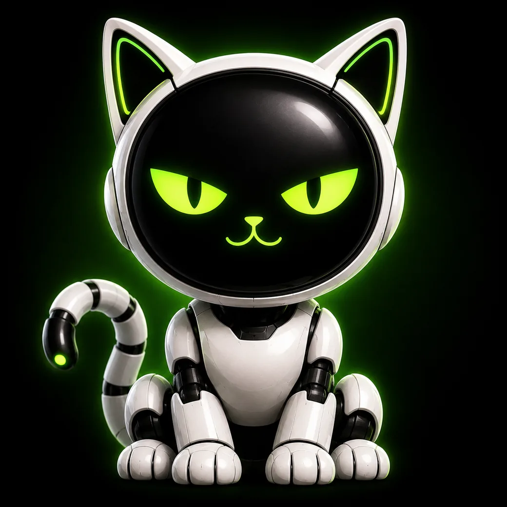 MEOWSK — a white and black humanoid robot cat with glowing green eyes, sitting.